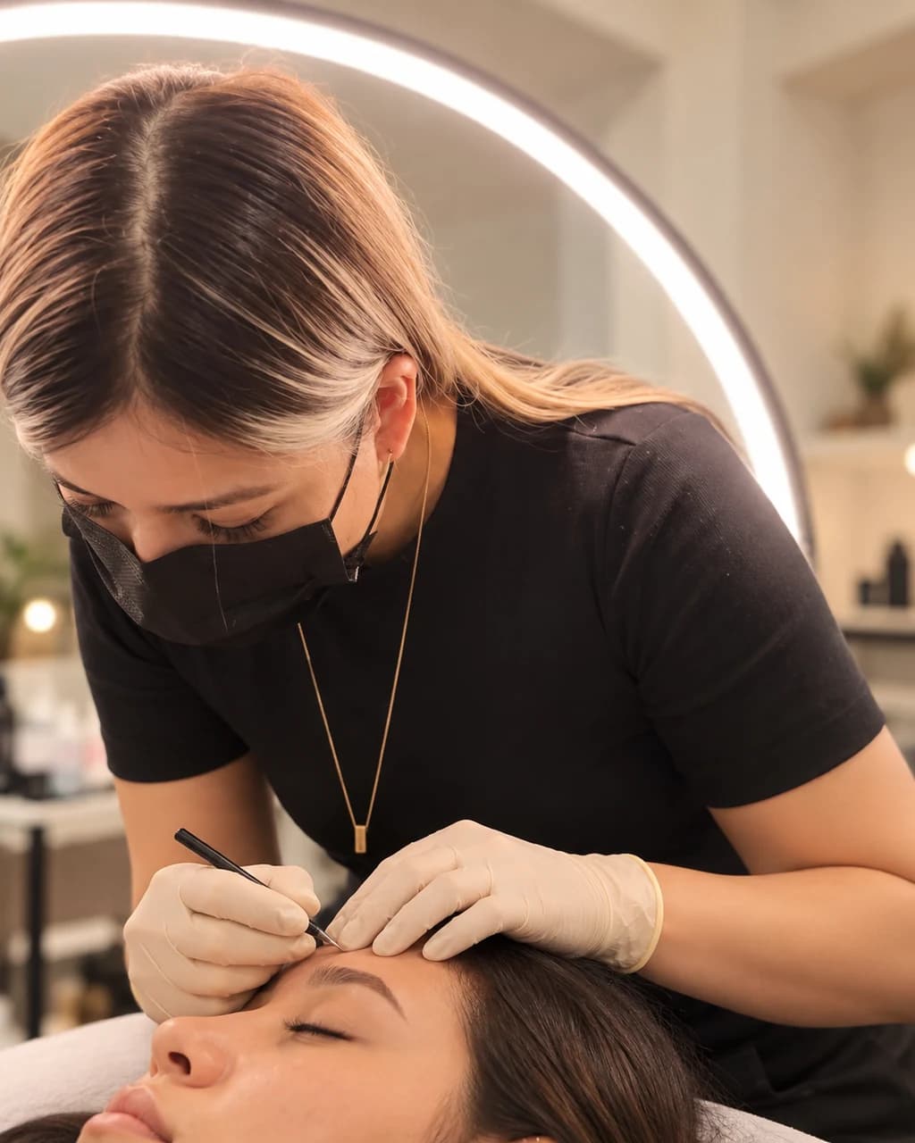 Amanda Farias de máscara e luvas realizando um design de sobrancelhas sob a luz do ring light.