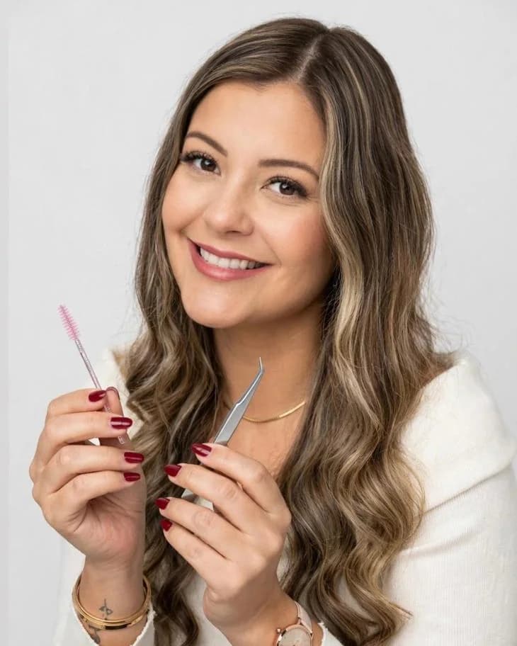 Amanda Farias sorrindo, com a pinça e a escovinha de sobrancelha nas mãos.