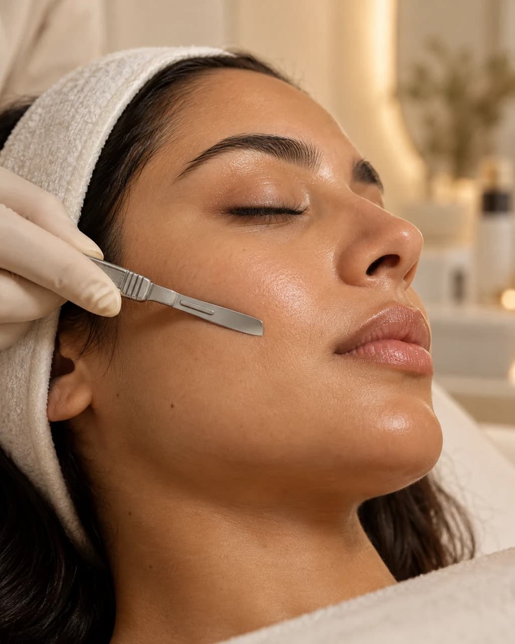 Procedimento de Dermaplaning realizado com cuidado sobre a pele do rosto.