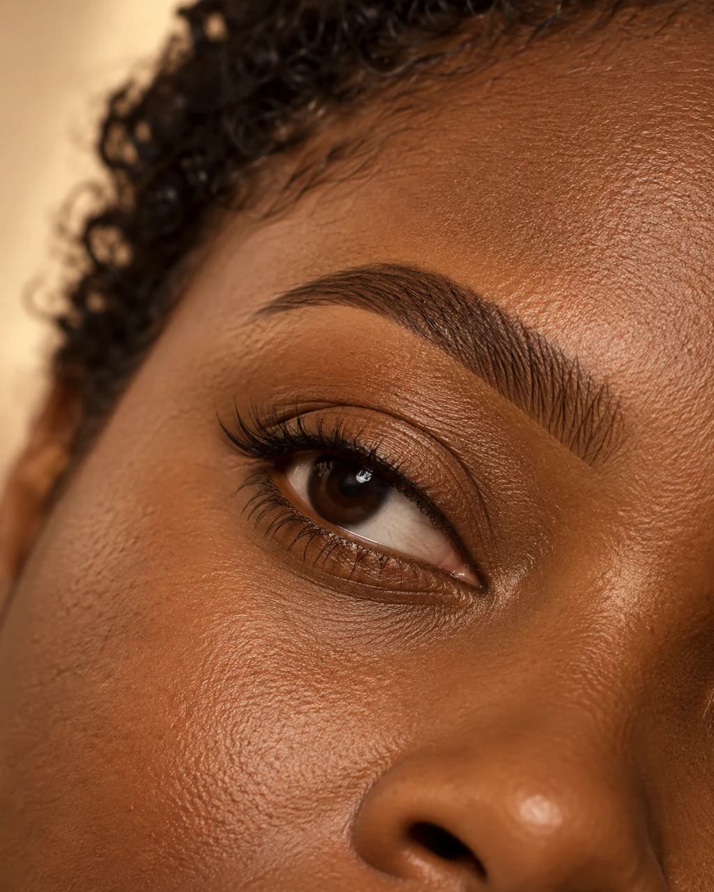 Sobrancelha preenchida e definida com efeito natural de henna ou tintura.