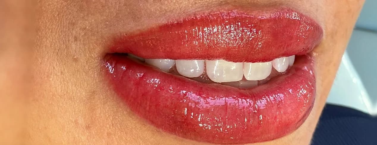 Depois: os mesmos lábios logo após a revitalização labial, com a cor realçada e uniforme.